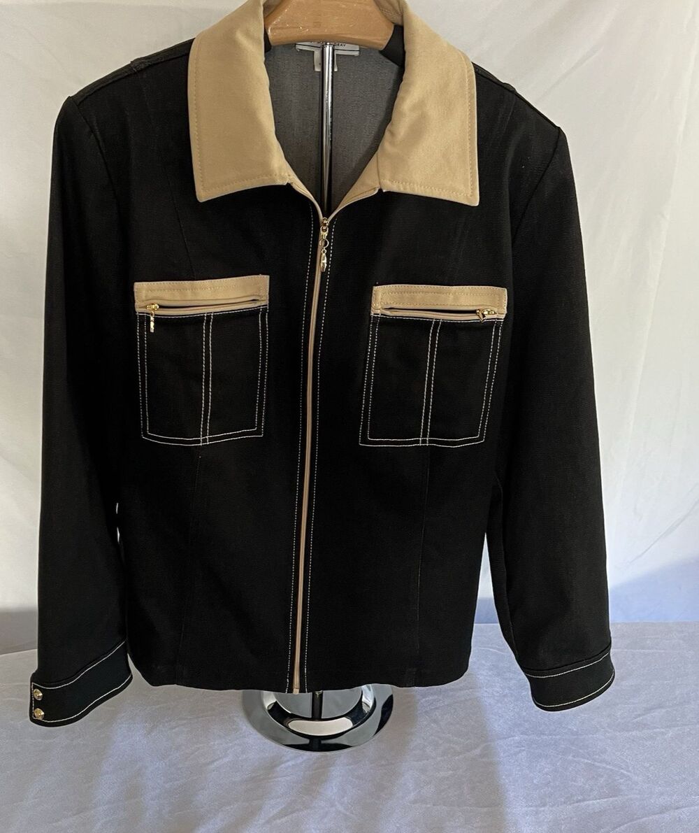 St John Sport by Marie Gray Black Knit Jacket Contrast Stitch Vintage 90's Large